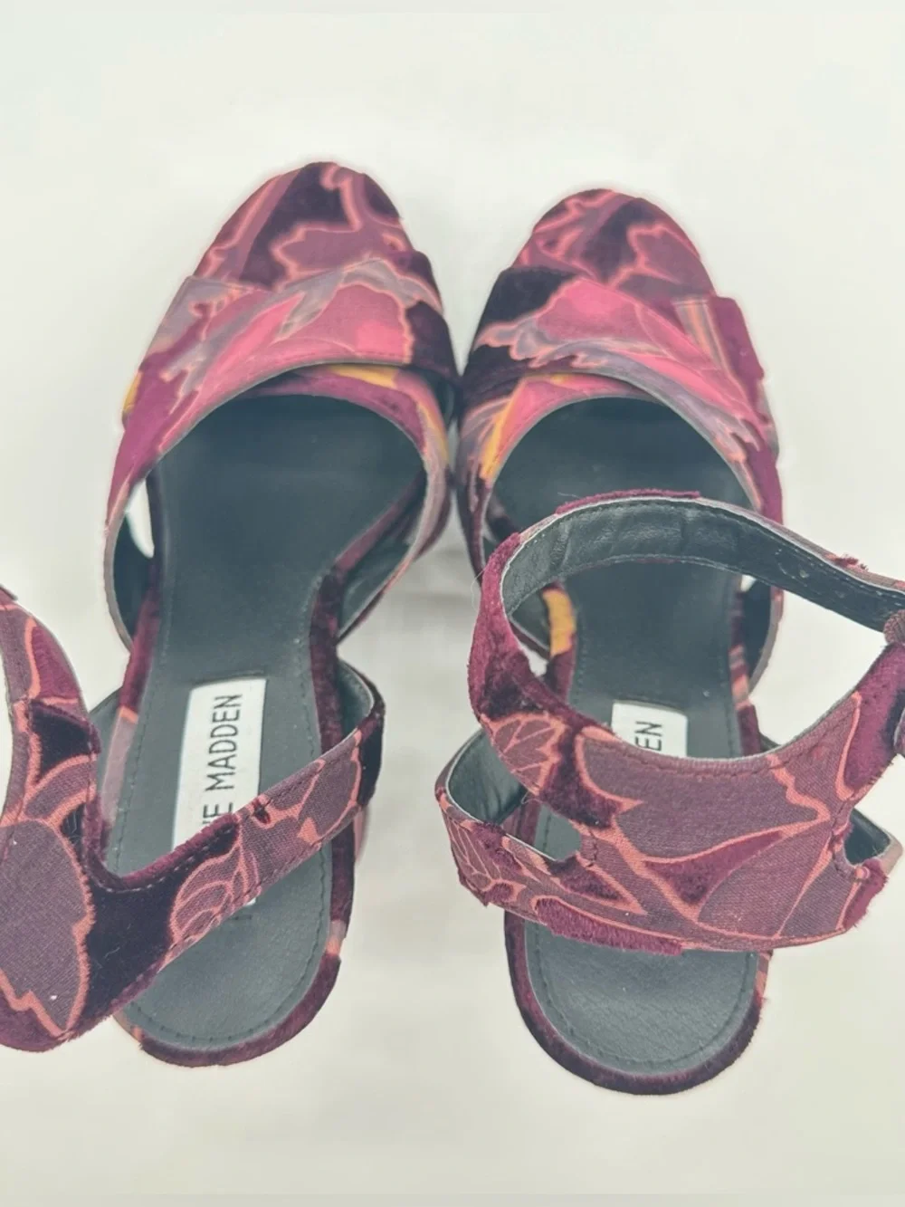 Steve Madden Jodi Burgundy Floral Velvet Burnout Platform Sandals